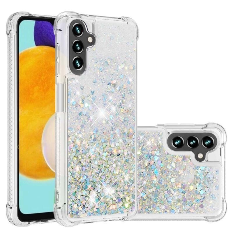 Glitter gélový presýpací obal na mobil Samsung Galaxy A13 5G/Galaxy A04s (164.7 x 76.7 x 9.1 mm) - strieborný/srdiečka