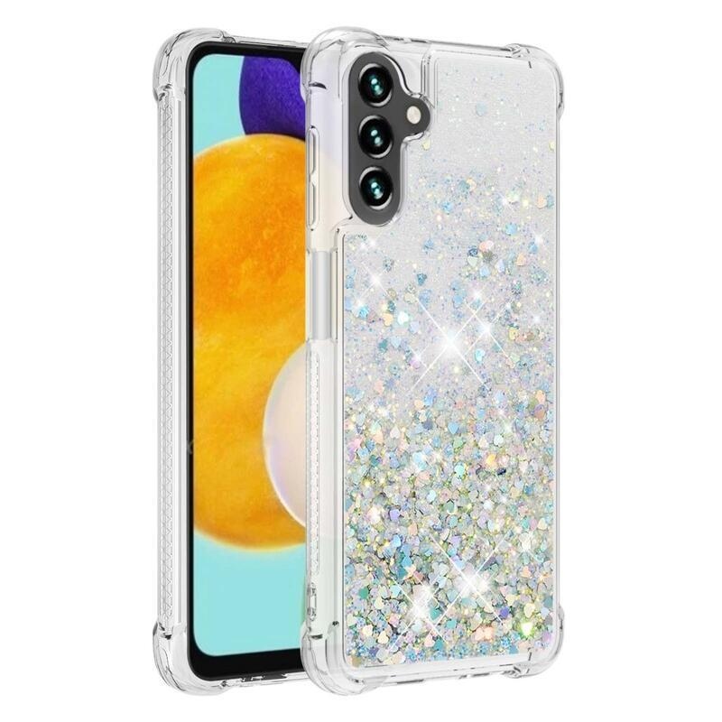 Glitter gélový presýpací obal na mobil Samsung Galaxy A13 5G/Galaxy A04s (164.7 x 76.7 x 9.1 mm) - strieborný/srdiečka