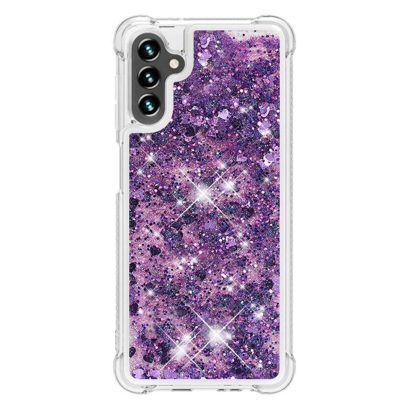 Glitter gélový presýpací obal na mobil Samsung Galaxy A13 5G/Galaxy A04s (164.7 x 76.7 x 9.1 mm) - tmavofialový/srdiečka