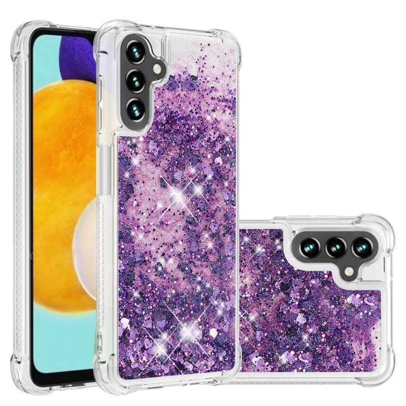 Glitter gélový presýpací obal na mobil Samsung Galaxy A13 5G/Galaxy A04s (164.7 x 76.7 x 9.1 mm) - tmavofialový/srdiečka