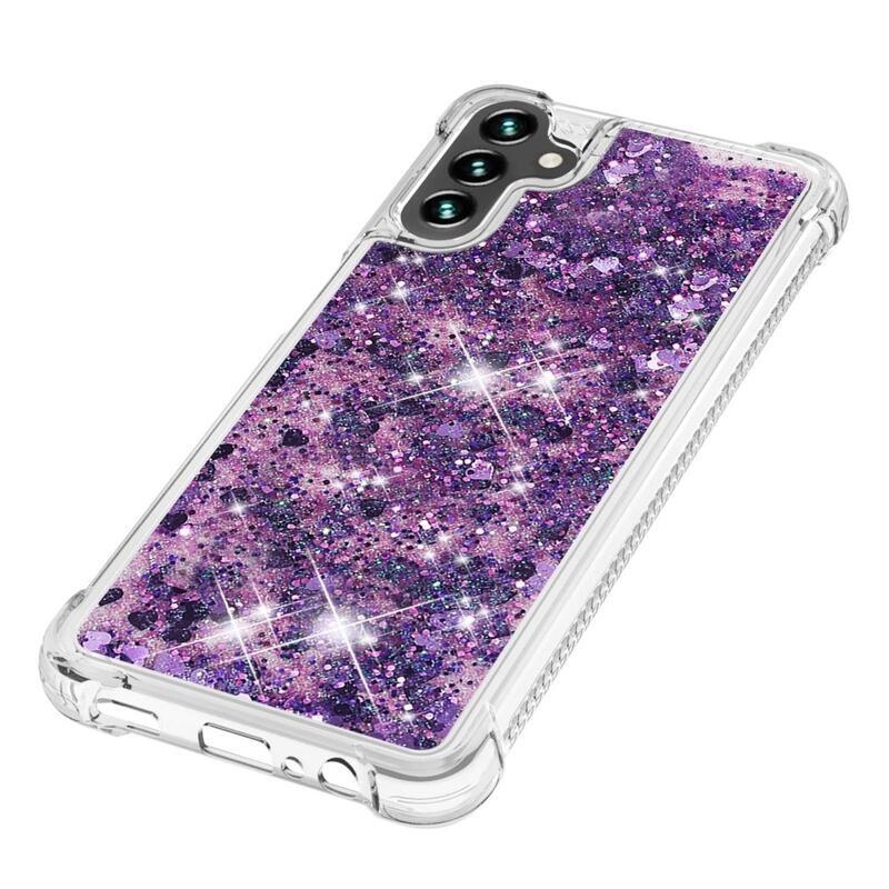 Glitter gélový presýpací obal na mobil Samsung Galaxy A13 5G/Galaxy A04s (164.7 x 76.7 x 9.1 mm) - tmavofialový/srdiečka