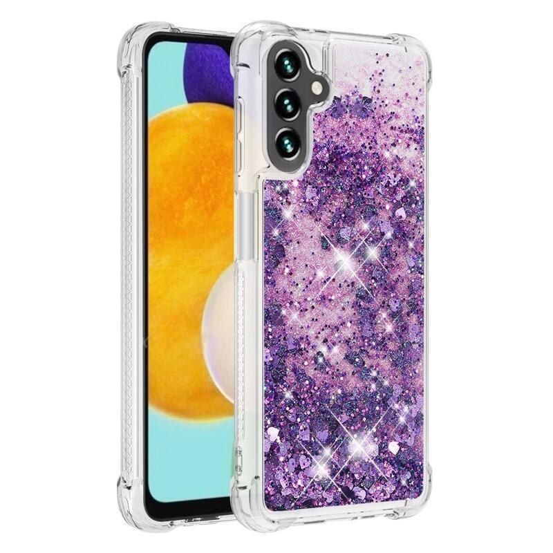 Glitter gélový presýpací obal na mobil Samsung Galaxy A13 5G/Galaxy A04s (164.7 x 76.7 x 9.1 mm) - tmavofialový/srdiečka