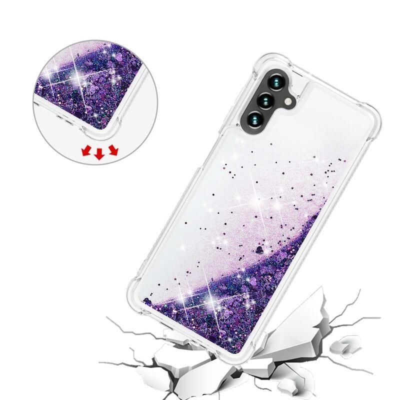 Glitter gélový presýpací obal na mobil Samsung Galaxy A13 5G/Galaxy A04s (164.7 x 76.7 x 9.1 mm) - tmavofialový/srdiečka