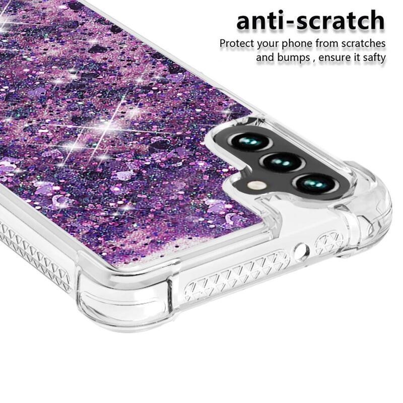 Glitter gélový presýpací obal na mobil Samsung Galaxy A13 5G/Galaxy A04s (164.7 x 76.7 x 9.1 mm) - tmavofialový/srdiečka