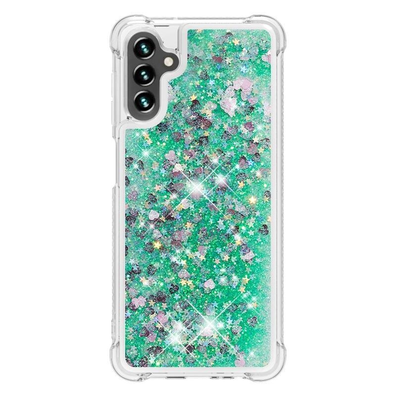 Glitter gélový presýpací obal na mobil Samsung Galaxy A13 5G/Galaxy A04s (164.7 x 76.7 x 9.1 mm) - zelený/srdiečka