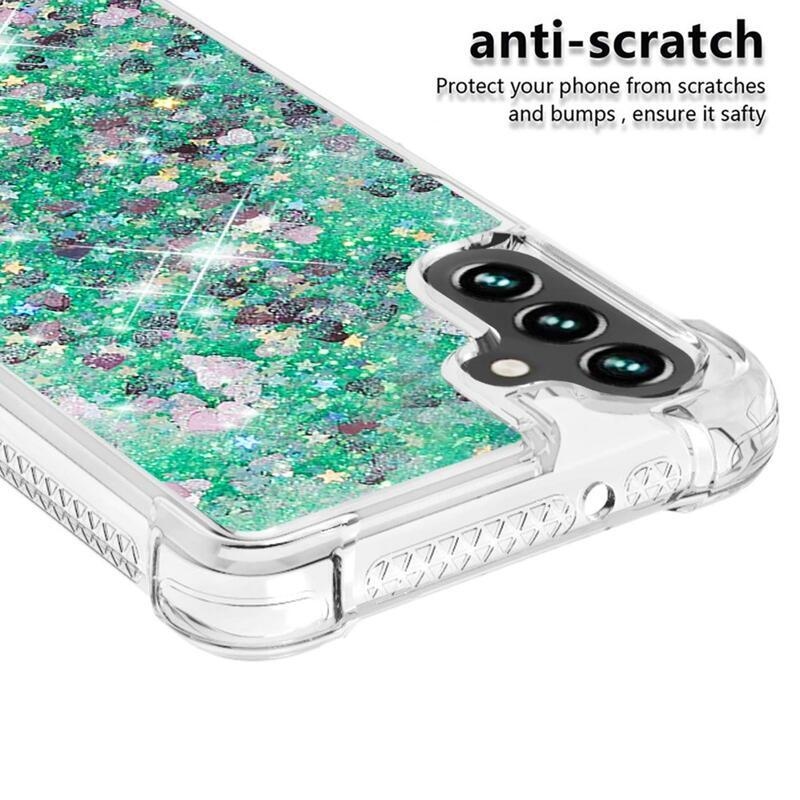 Glitter gélový presýpací obal na mobil Samsung Galaxy A13 5G/Galaxy A04s (164.7 x 76.7 x 9.1 mm) - zelený/srdiečka