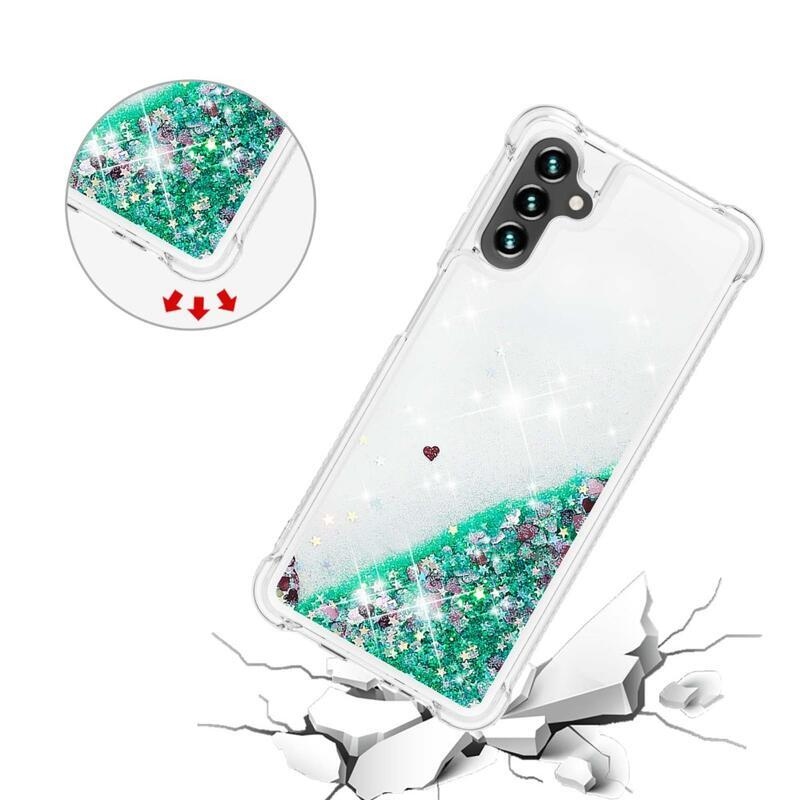 Glitter gélový presýpací obal na mobil Samsung Galaxy A13 5G/Galaxy A04s (164.7 x 76.7 x 9.1 mm) - zelený/srdiečka