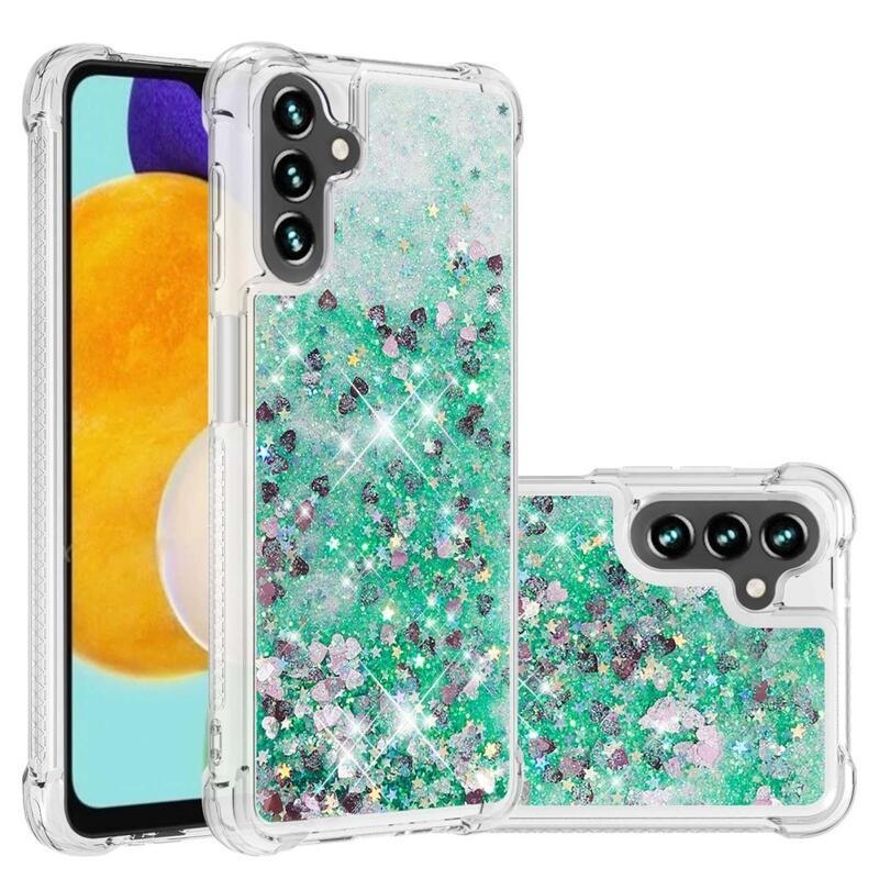 Glitter gélový presýpací obal na mobil Samsung Galaxy A13 5G/Galaxy A04s (164.7 x 76.7 x 9.1 mm) - zelený/srdiečka