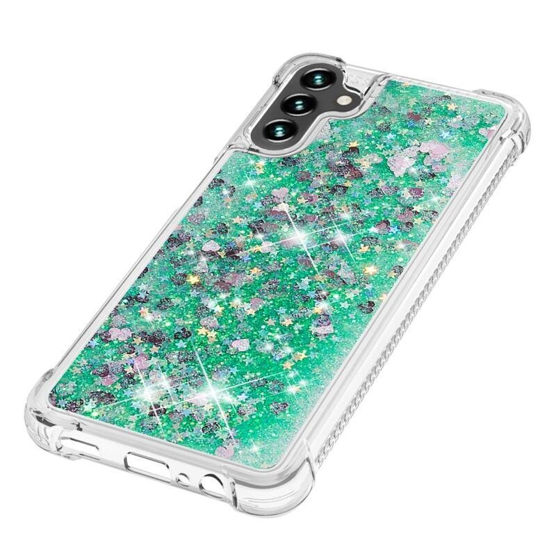 Glitter gélový presýpací obal na mobil Samsung Galaxy A13 5G/Galaxy A04s (164.7 x 76.7 x 9.1 mm) - zelený/srdiečka