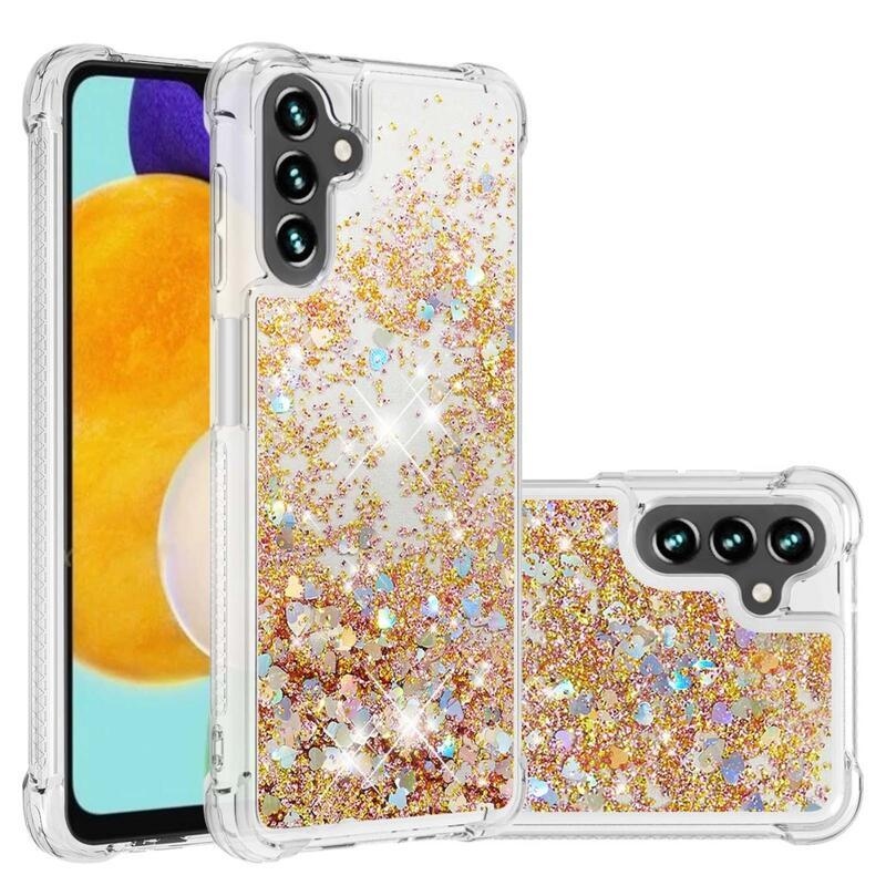 Glitter gélový presýpací obal na mobil Samsung Galaxy A13 5G/Galaxy A04s (164.7 x 76.7 x 9.1 mm) - zlatý/srdiečka