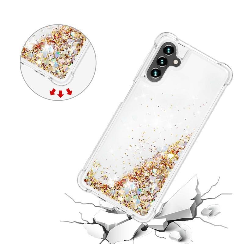 Glitter gélový presýpací obal na mobil Samsung Galaxy A13 5G/Galaxy A04s (164.7 x 76.7 x 9.1 mm) - zlatý/srdiečka