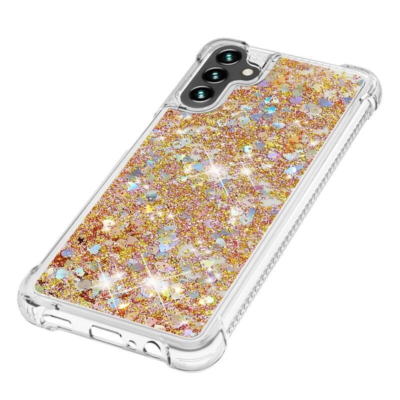 Glitter gélový presýpací obal na mobil Samsung Galaxy A13 5G/Galaxy A04s (164.7 x 76.7 x 9.1 mm) - zlatý/srdiečka