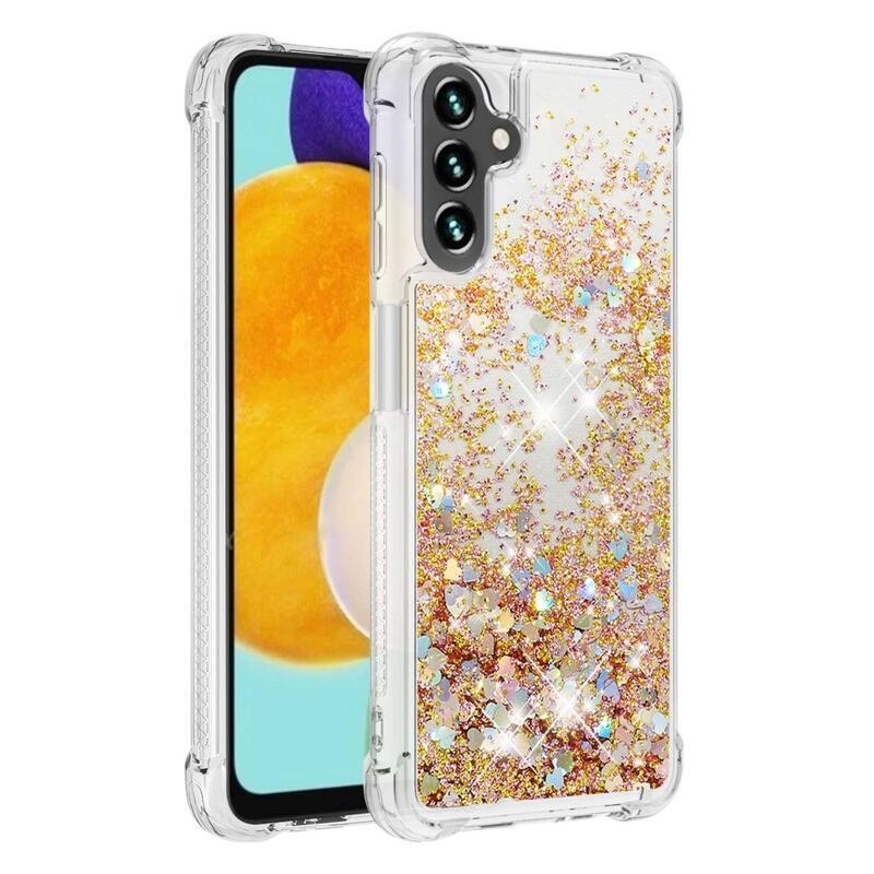 Glitter gélový presýpací obal na mobil Samsung Galaxy A13 5G/Galaxy A04s (164.7 x 76.7 x 9.1 mm) - zlatý/srdiečka