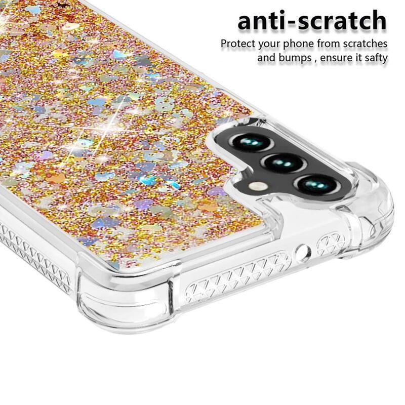 Glitter gélový presýpací obal na mobil Samsung Galaxy A13 5G/Galaxy A04s (164.7 x 76.7 x 9.1 mm) - zlatý/srdiečka