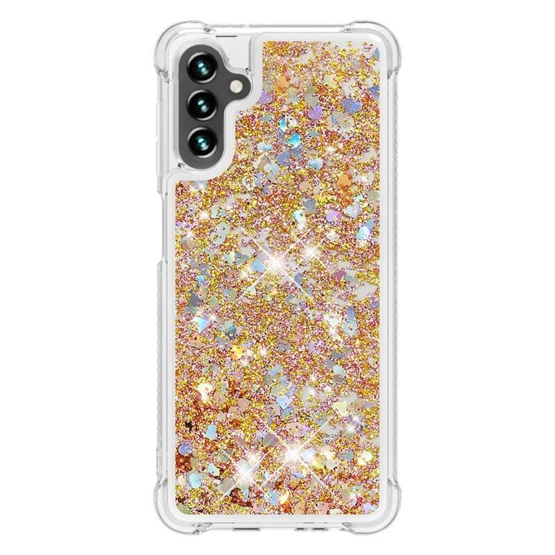 Glitter gélový presýpací obal na mobil Samsung Galaxy A13 5G/Galaxy A04s (164.7 x 76.7 x 9.1 mm) - zlatý/srdiečka