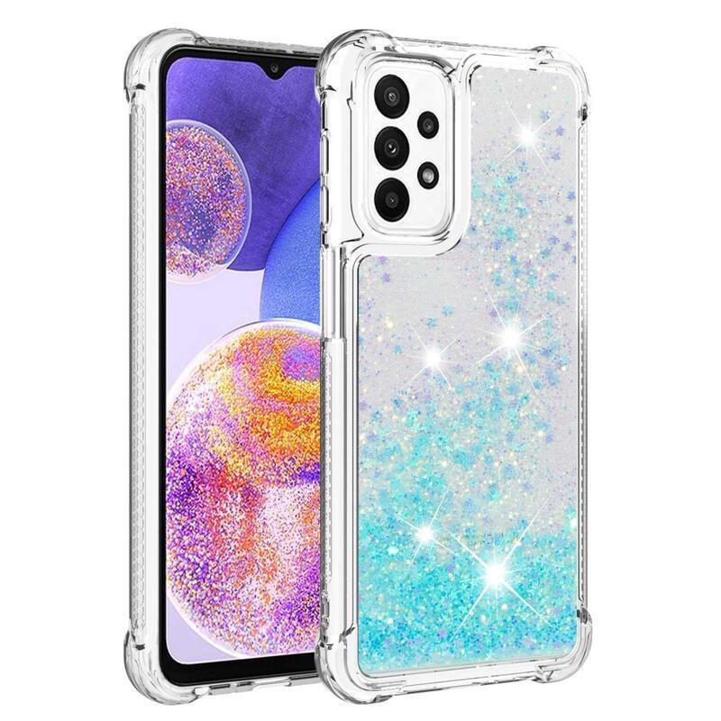 Glitter gélový presýpací obal na mobil Samsung Galaxy A23 4G/5G - modrý/hviezdičky