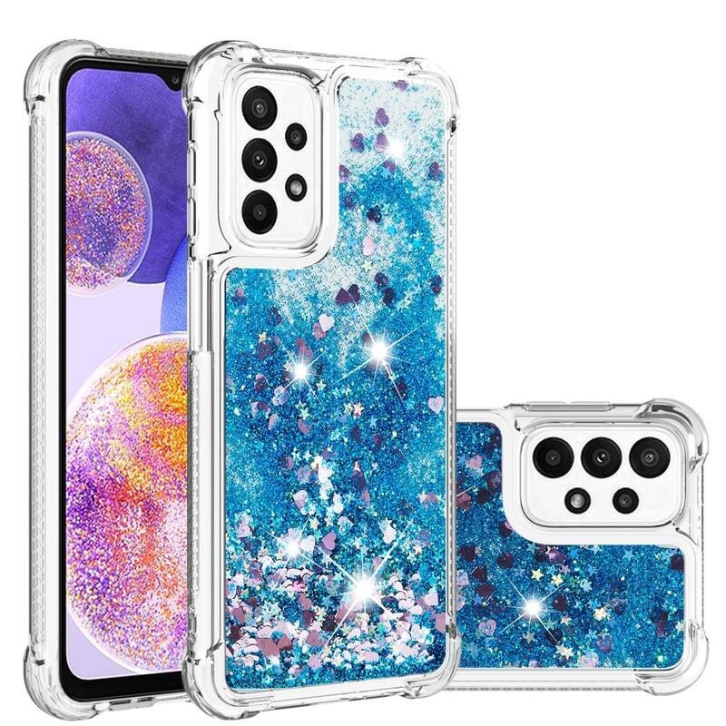 Glitter gélový presýpací obal na mobil Samsung Galaxy A23 4G/5G - modrý/srdiečka