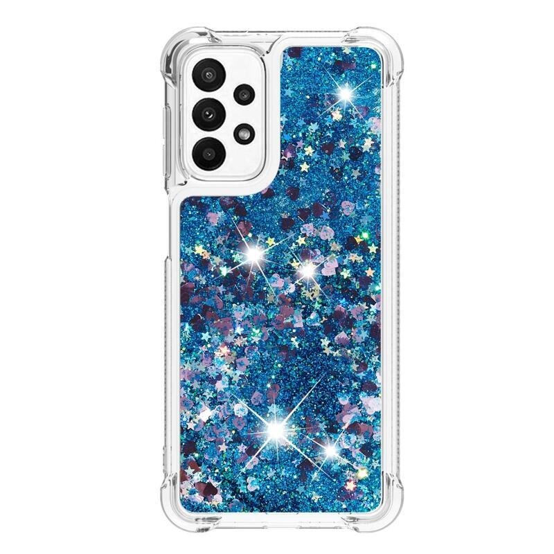 Glitter gélový presýpací obal na mobil Samsung Galaxy A23 4G/5G - modrý/srdiečka