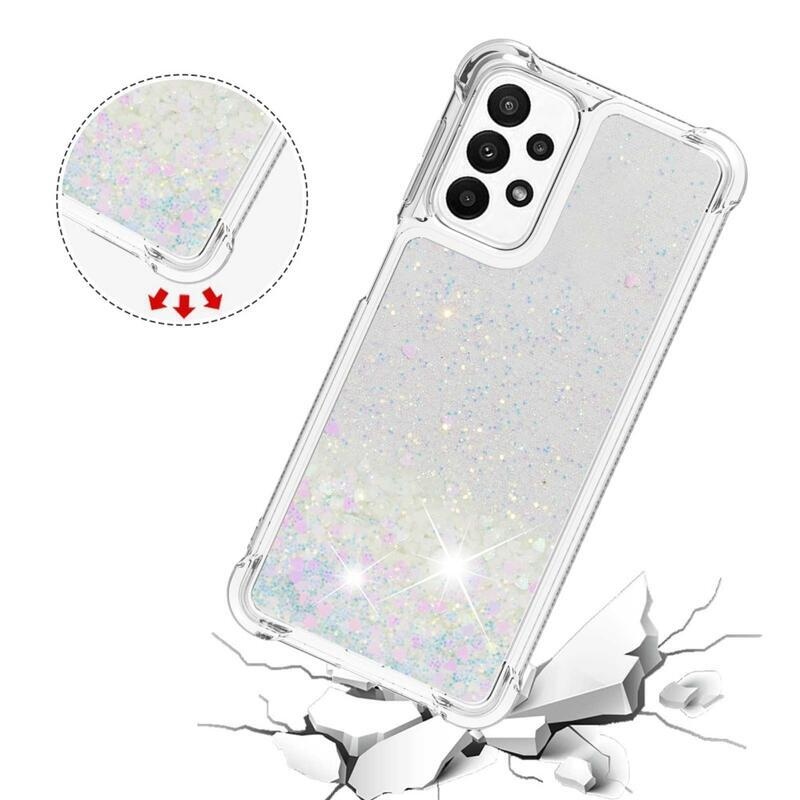 Glitter gélový presýpací obal na mobil Samsung Galaxy A23 4G/5G - ružovo strieborný/srdiečka