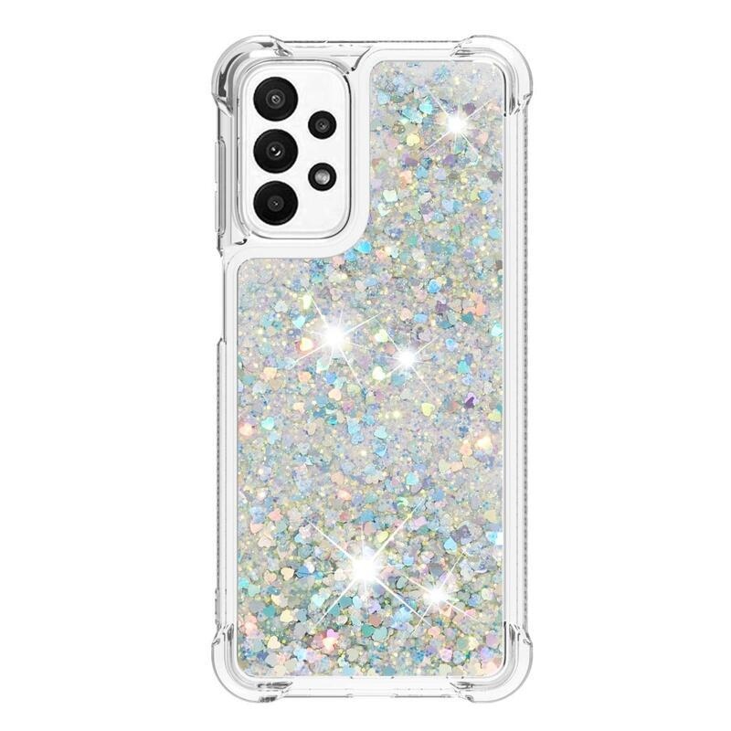 Glitter gélový presýpací obal na mobil Samsung Galaxy A23 4G/5G - strieborný/srdiečka