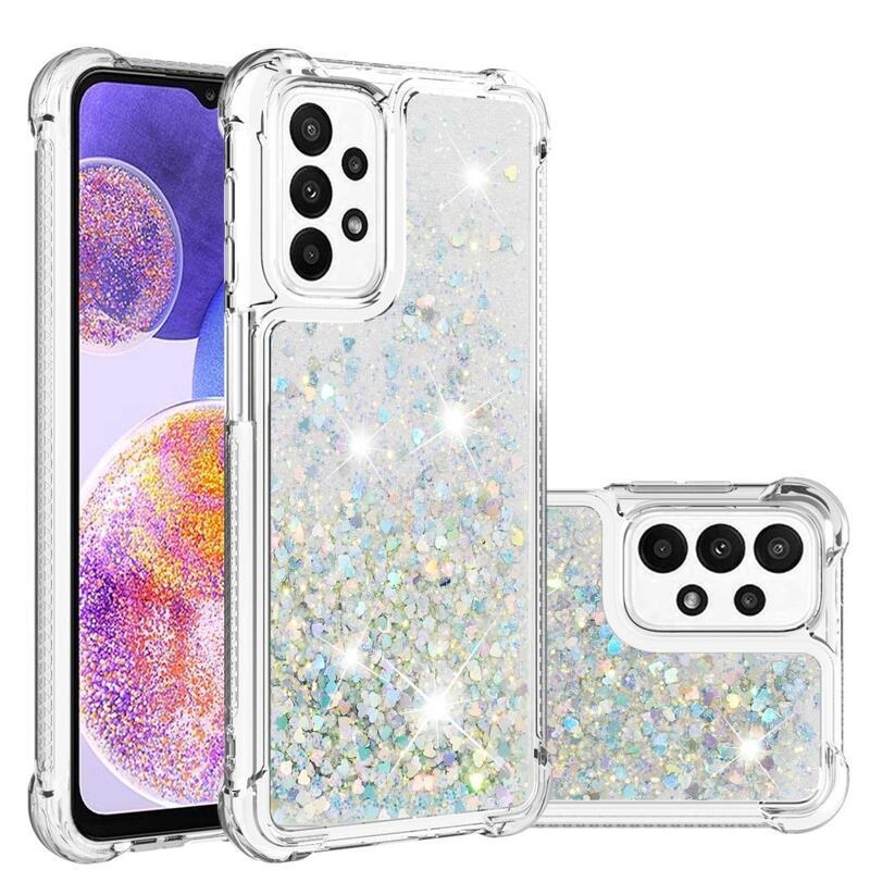 Glitter gélový presýpací obal na mobil Samsung Galaxy A23 4G/5G - strieborný/srdiečka