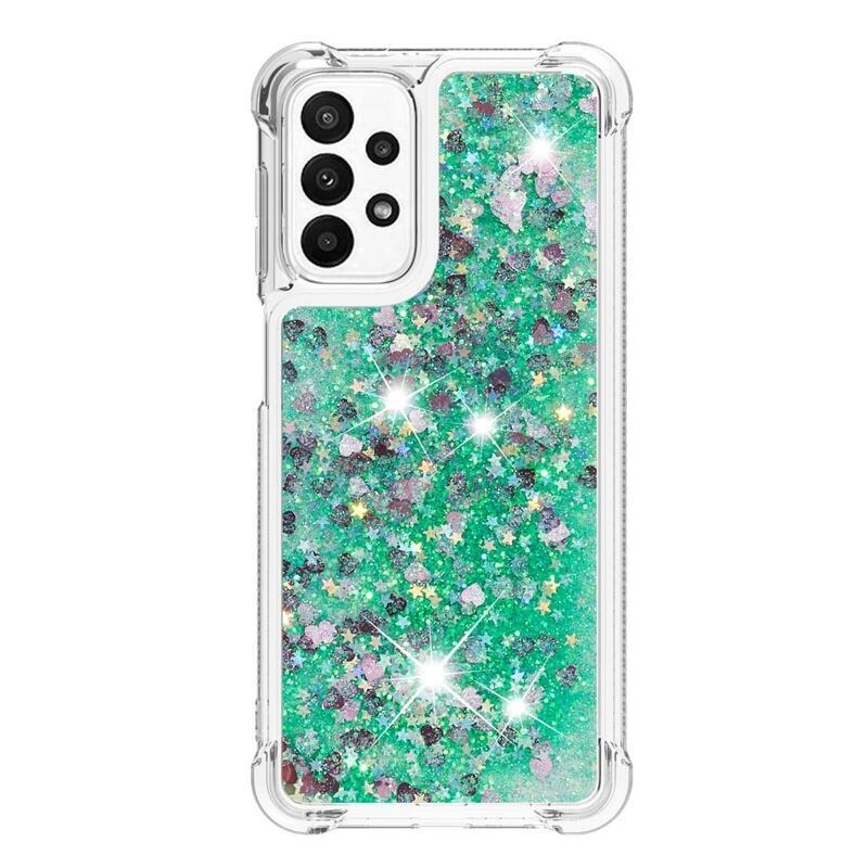 Glitter gélový presýpací obal na mobil Samsung Galaxy A23 4G/5G - zelený/srdiečka