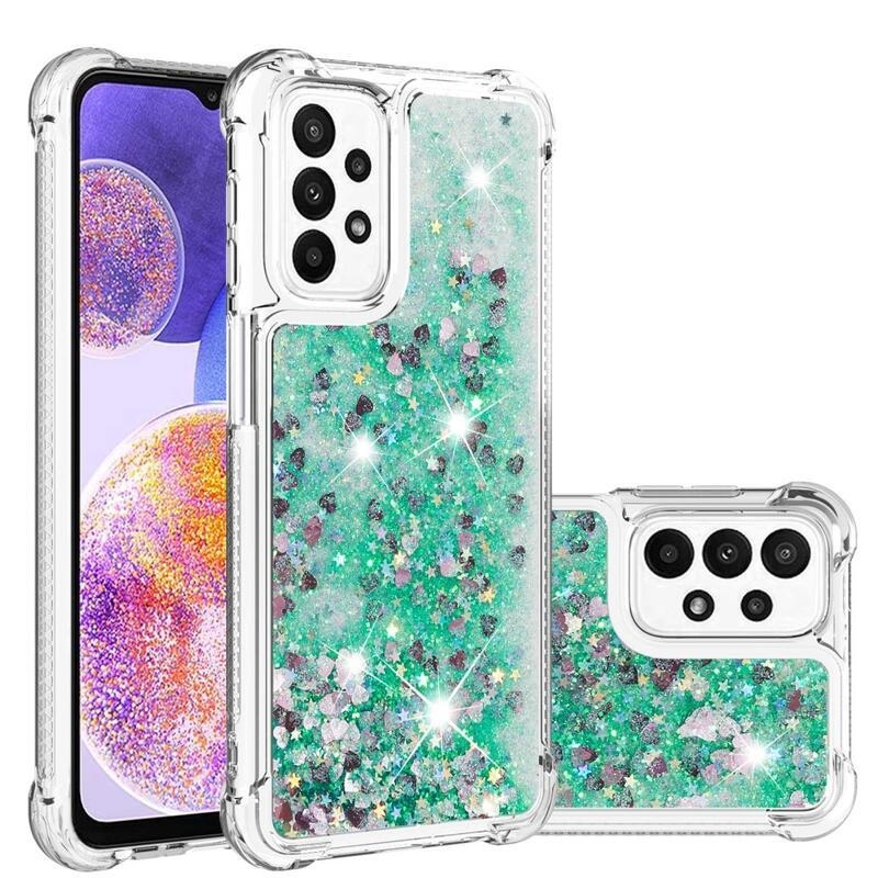 Glitter gélový presýpací obal na mobil Samsung Galaxy A23 4G/5G - zelený/srdiečka