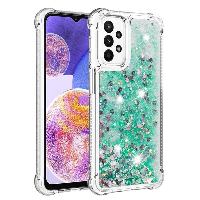 Glitter gélový presýpací obal na mobil Samsung Galaxy A23 4G/5G - zelený/srdiečka