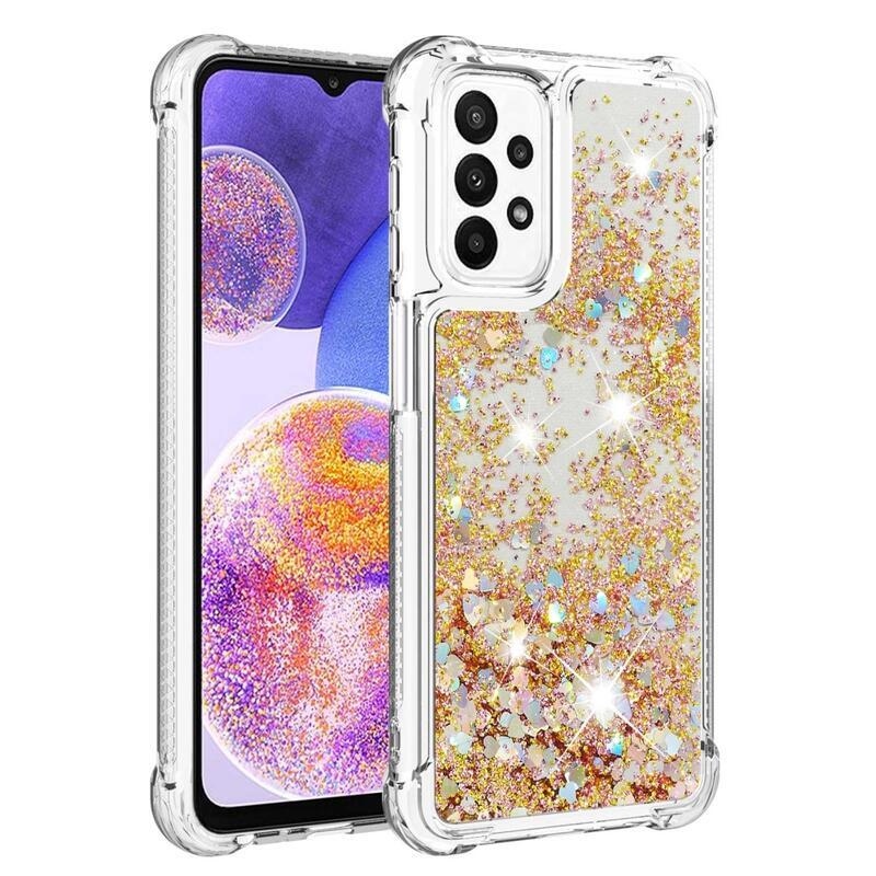 Glitter gélový presýpací obal na mobil Samsung Galaxy A23 4G/5G - zlatý/srdiečka