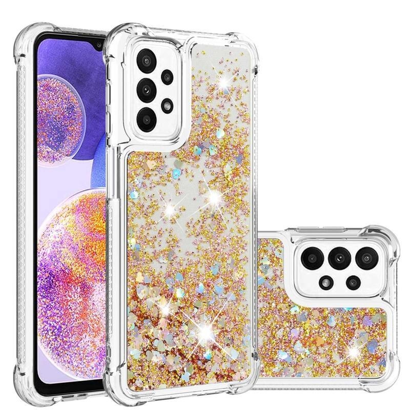 Glitter gélový presýpací obal na mobil Samsung Galaxy A23 4G/5G - zlatý/srdiečka