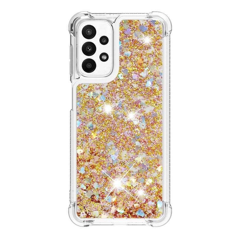 Glitter gélový presýpací obal na mobil Samsung Galaxy A23 4G/5G - zlatý/srdiečka