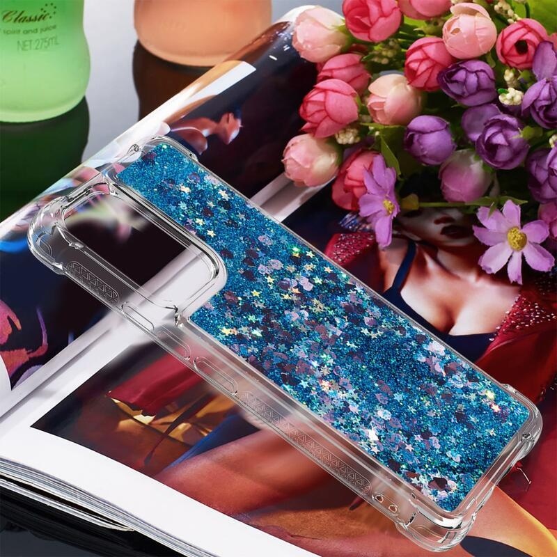 Glitter gélový presýpací obal na mobil Samsung Galaxy A53 5G - modrý/srdiečka