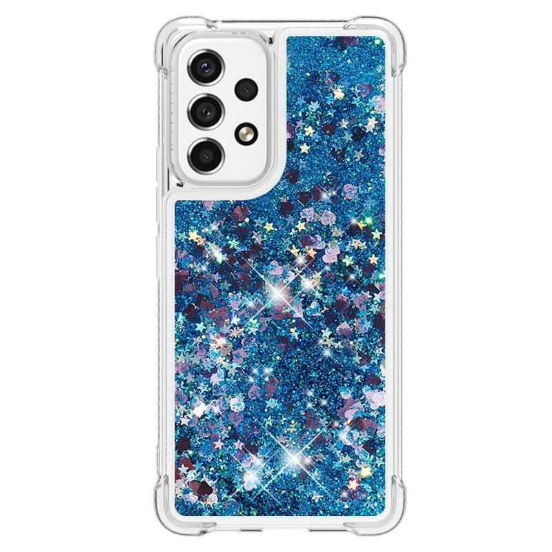 Glitter gélový presýpací obal na mobil Samsung Galaxy A53 5G - modrý/srdiečka