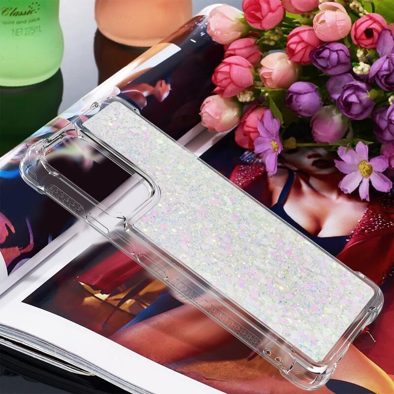 Glitter gélový presýpací obal na mobil Samsung Galaxy A53 5G - ružovo strieborný/srdiečka