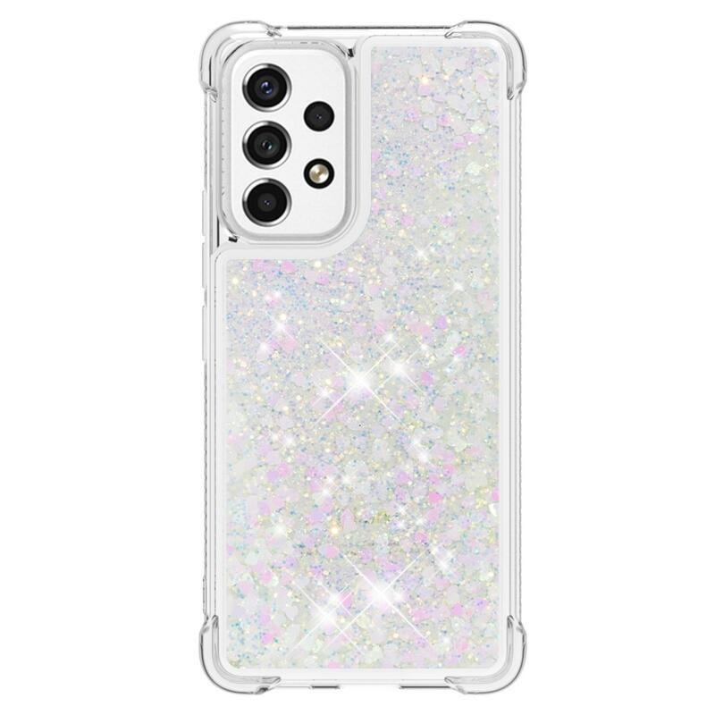 Glitter gélový presýpací obal na mobil Samsung Galaxy A53 5G - ružovo strieborný/srdiečka