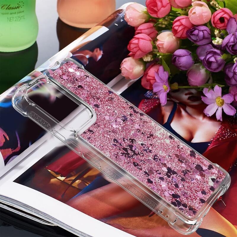 Glitter gélový presýpací obal na mobil Samsung Galaxy A53 5G - ružovozlatý/srdiečka