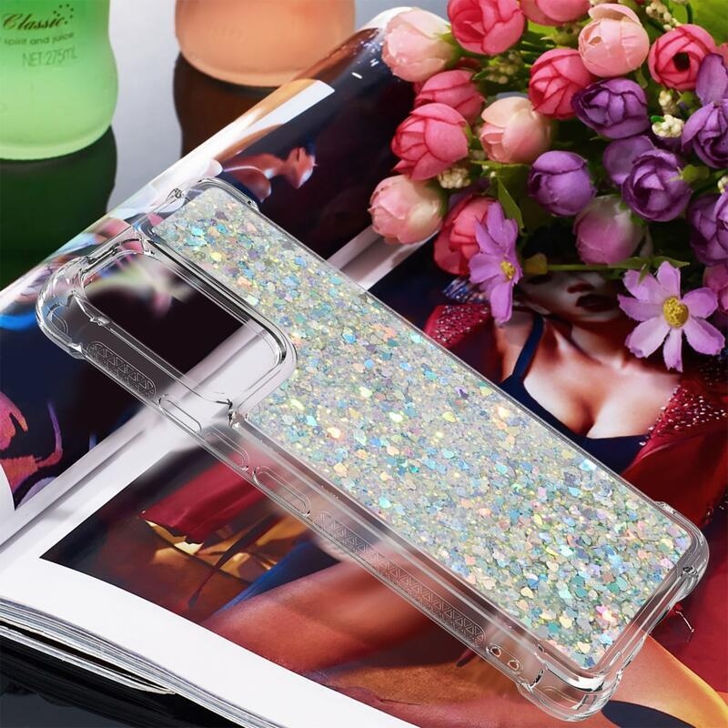 Glitter gélový presýpací obal na mobil Samsung Galaxy A53 5G - strieborný/srdiečka