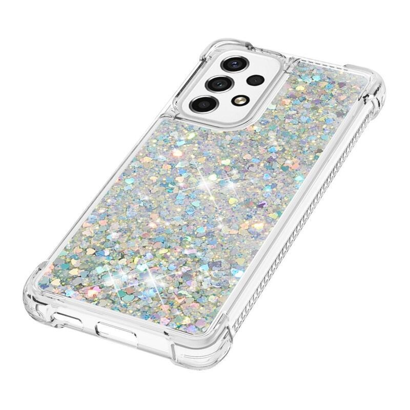 Glitter gélový presýpací obal na mobil Samsung Galaxy A53 5G - strieborný/srdiečka