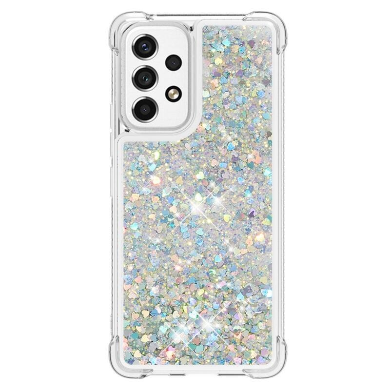 Glitter gélový presýpací obal na mobil Samsung Galaxy A53 5G - strieborný/srdiečka