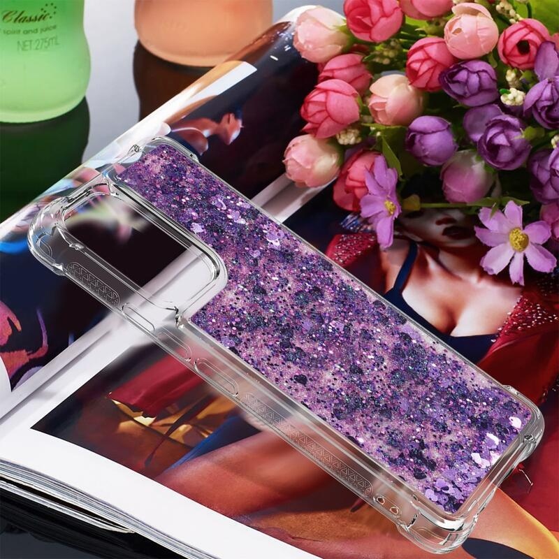 Glitter gélový presýpací obal na mobil Samsung Galaxy A53 5G - tmavofialový/srdiečka