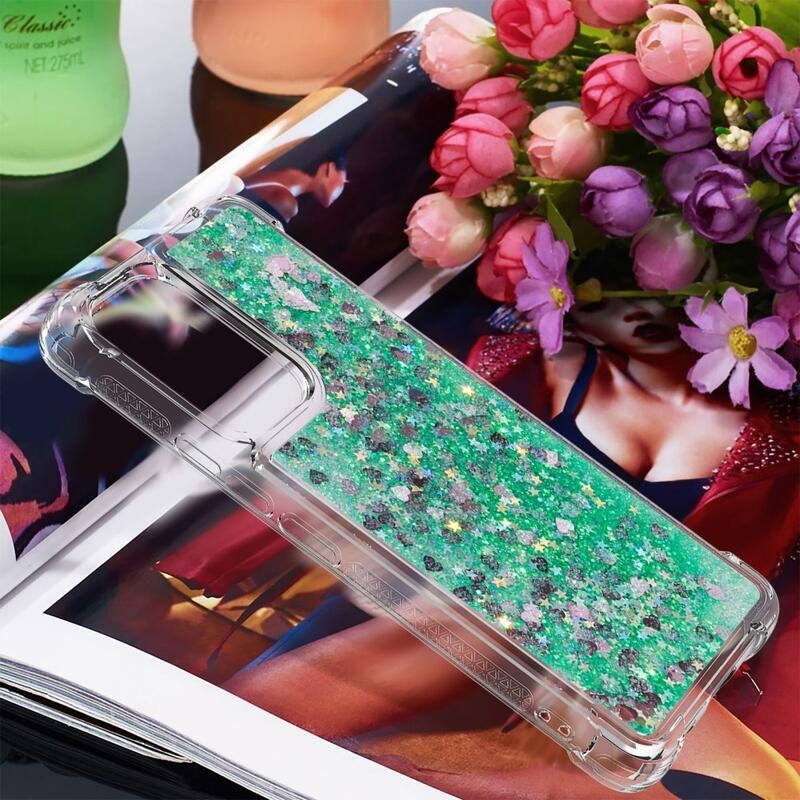 Glitter gélový presýpací obal na mobil Samsung Galaxy A53 5G - zelený/srdiečka