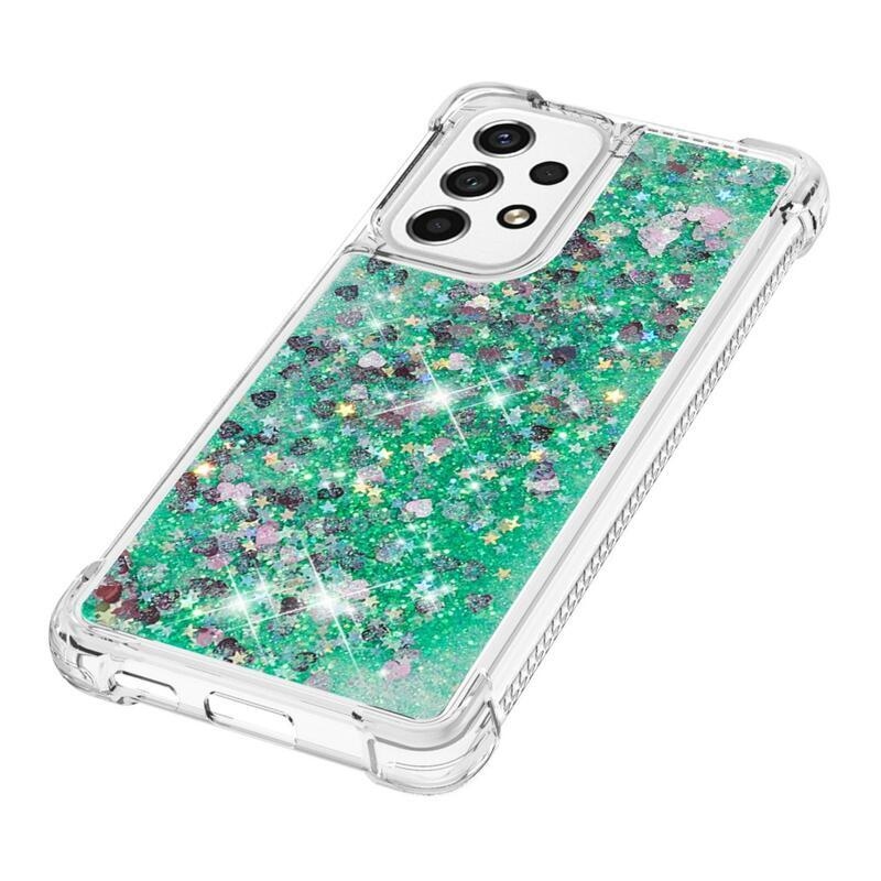 Glitter gélový presýpací obal na mobil Samsung Galaxy A53 5G - zelený/srdiečka