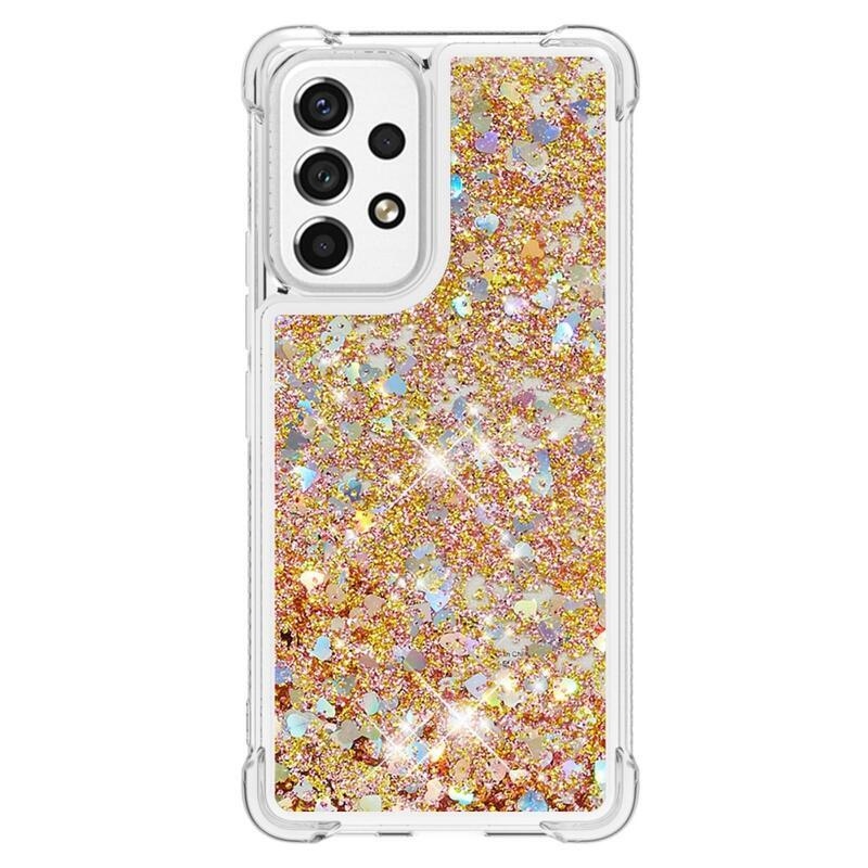 Glitter gélový presýpací obal na mobil Samsung Galaxy A53 5G - zlatý/srdiečka