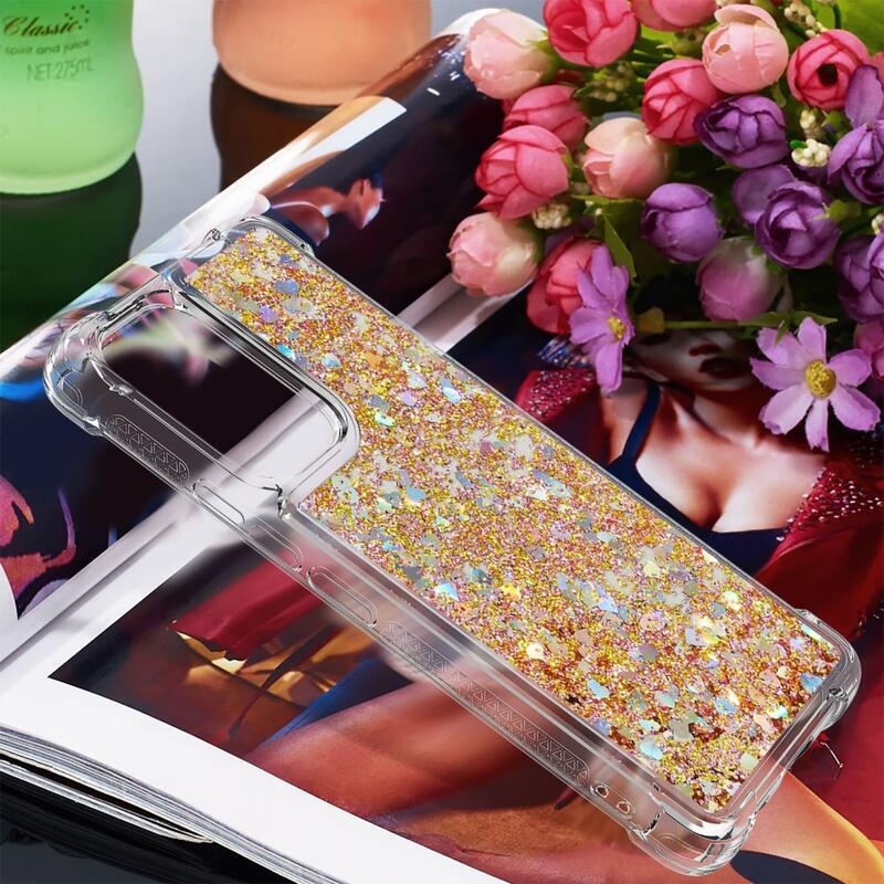 Glitter gélový presýpací obal na mobil Samsung Galaxy A53 5G - zlatý/srdiečka