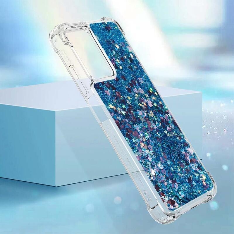 Glitter gélový presýpací obal na mobil Xiaomi Redmi 10 5G - modrý/srdiečka