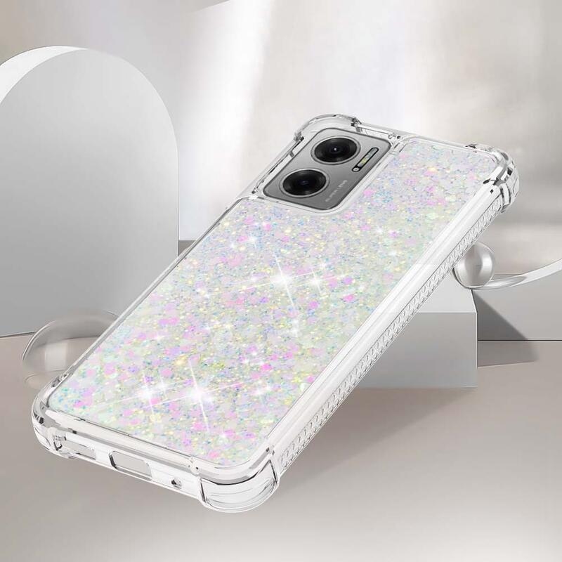 Glitter gélový presýpací obal na mobil Xiaomi Redmi 10 5G - ružovo strieborný/srdiečka