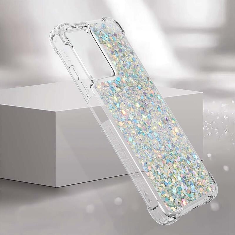 Glitter gélový presýpací obal na mobil Xiaomi Redmi 10 5G - strieborný/srdiečka