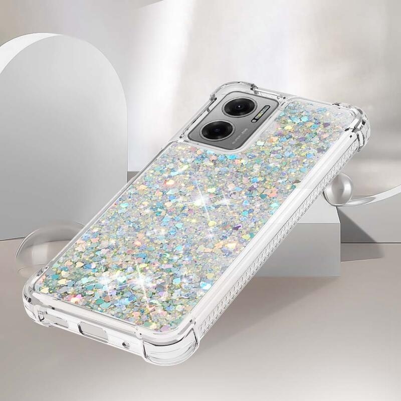 Glitter gélový presýpací obal na mobil Xiaomi Redmi 10 5G - strieborný/srdiečka