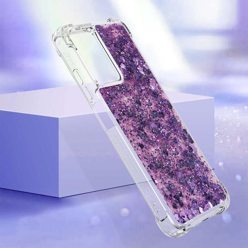 Glitter gélový presýpací obal na mobil Xiaomi Redmi 10 5G - tmavofialový/srdiečka