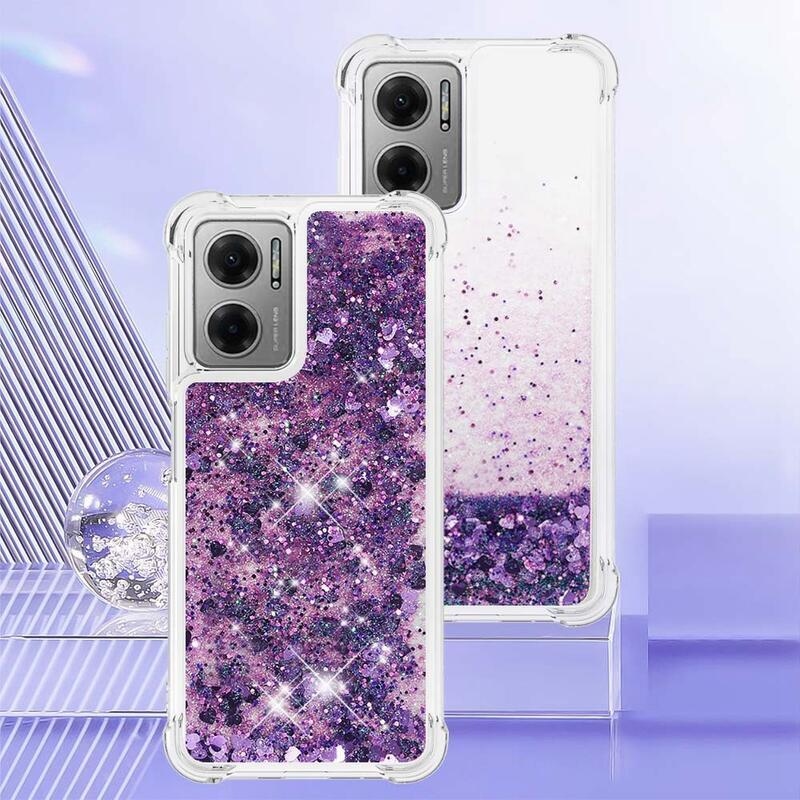 Glitter gélový presýpací obal na mobil Xiaomi Redmi 10 5G - tmavofialový/srdiečka